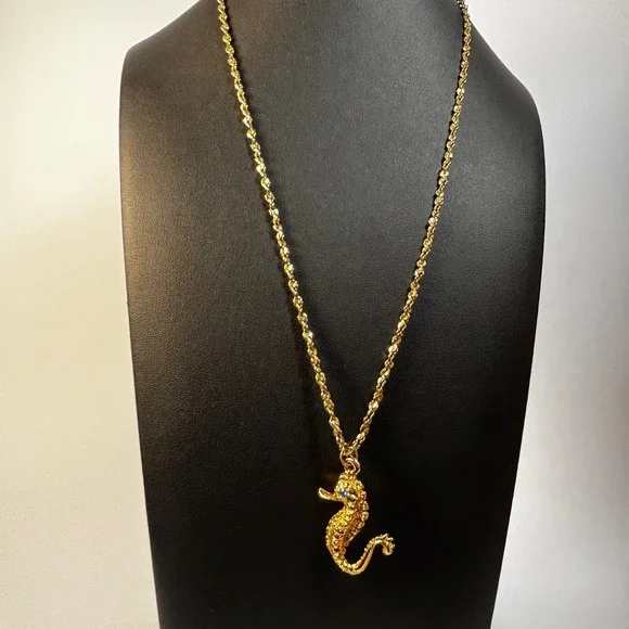 Seahorse Pendant Necklace Gold Tone Blue Eye Textured Nautical Jewelry - Picture 2 of 7